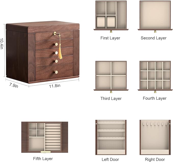 CHOSIN Black Walnut Wooden Jewelry Box for Women with Mirror, 5 Drawers and 2 Side Doors for Watches, Necklaces, Rings, Earrings Storage Christmas Gifts