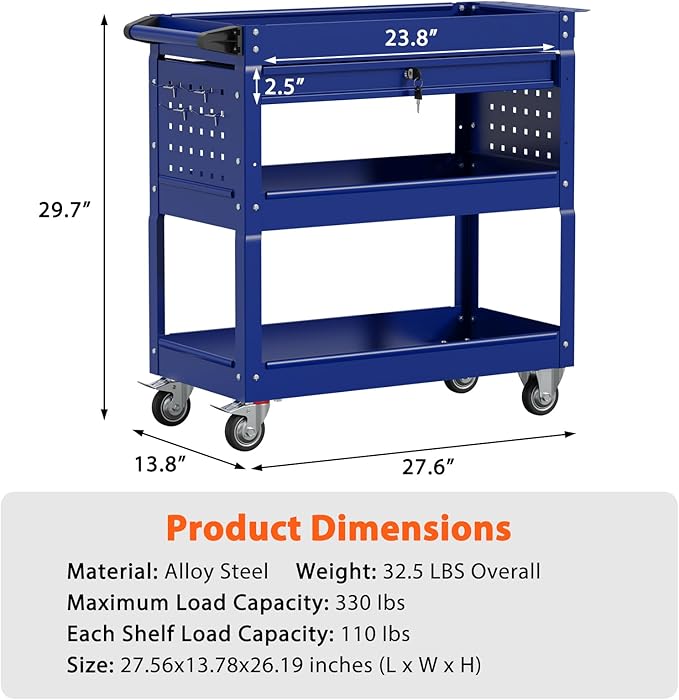3 Tier Rolling Tool Cart with Drawers, Heavy Duty Utility Cart on Wheels, Large Storage Capability Service Cart for Garage, Warehouse and Repair Shop (Deep Blue)