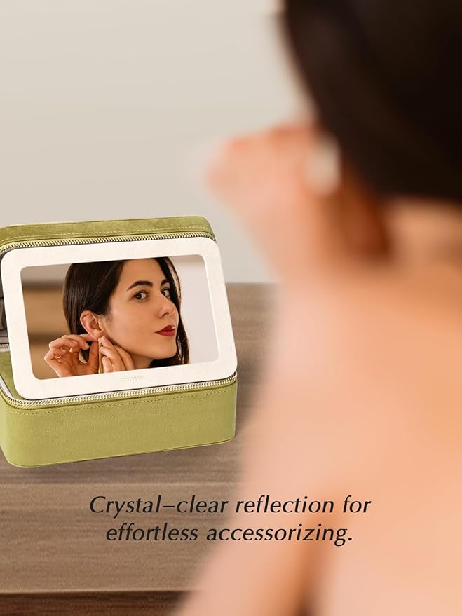 Velvet Travel Jewelry Box with Large Mirror, Double-Layer Jewelry Organizer Case for Women and Girls, Portable Storage Case with 6 Anti-Tarnish Bags Gift Ready for Her (Avocado Green)