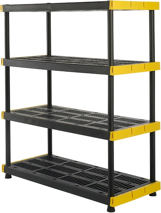CX Black & Yellow, 4-Tier Heavy Duty Plastic Storage Shelving Unit, 200lbs/shelf (55"H x 48"W x 20"D), for Garage Tools, Basement & Outdoor Organization, Modular Rack