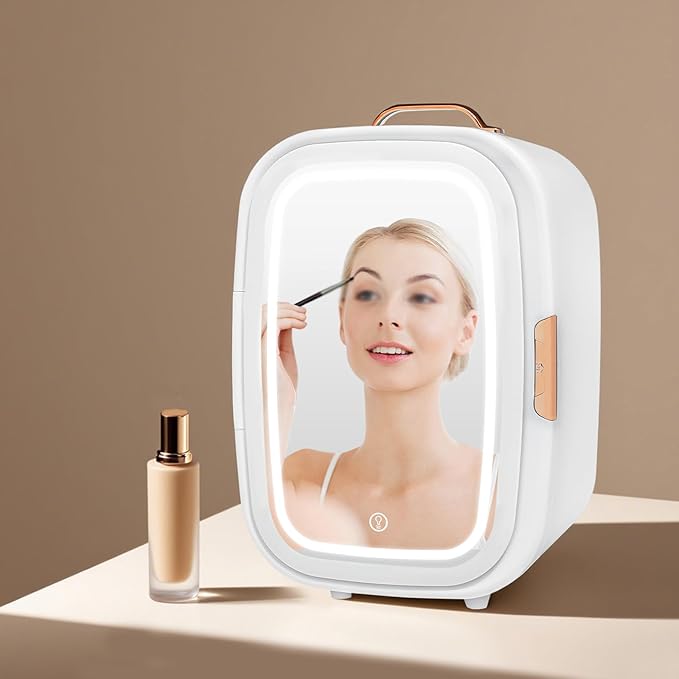 Mini Skincare Fridge,12L Makeup Cosmetics Refrigerator Beauty Fridge for Cosmetic Storage Skincare Fridge Portable Small Refrigerator for Cosmetics, Skin Care (White, W/LED Light Mirror)