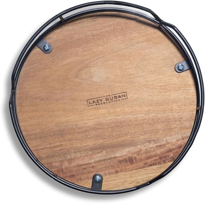 9" Acacia Wood Lazy Susan Revolution Turntable w/Black Wire – Rotating Kitchen Organizer for Table, Pantry, or Cabinet, Rustic Wood Finish, 360° Spin
