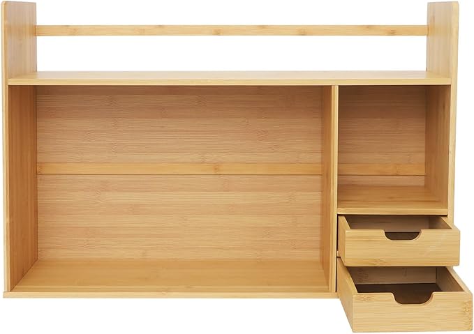 Bamboo Desktop Bookshelf 2-Tier Short Bookshelf with 2 Drawers Desk Shelf for Top of Desk Organizer Shelves Table Top Shelf Desktop Shelves for Offices & Studies (Long Style-26.77" L)