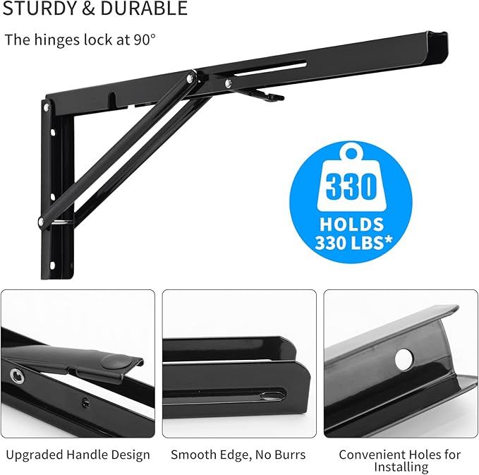 YUMORE Folding Shelf Brackets, 20 Inch Heavy Duty L Bracket, Black DIY Collapsible Shelf Bracket for Workbench Folding Table Hinge, Max Load: 330lb, Pack of 2
