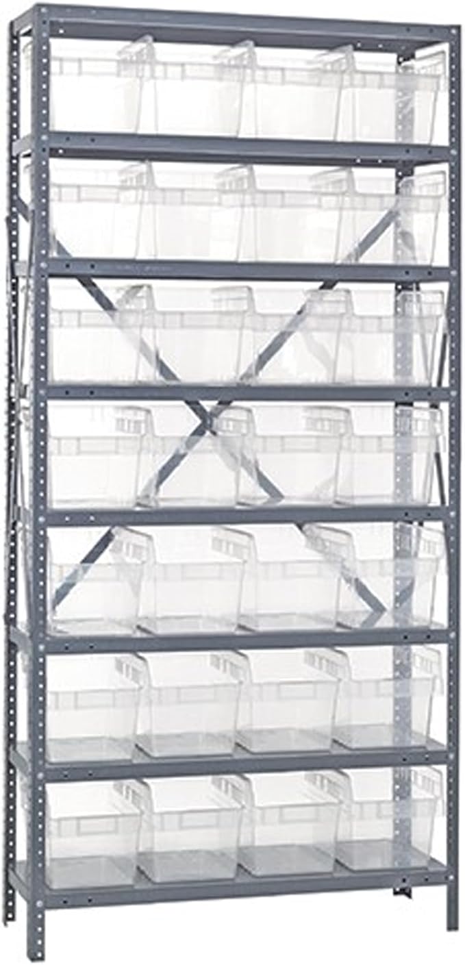Quantum Storage Systems 1275-SB807CL Solid Heavy Duty 8 Shelves 28 STORE-MAX Clear Bins 75" H x 36" W x 12" D