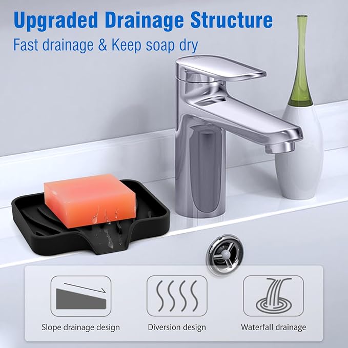 3-Pack Silicone Soap Dish Set – Bar Soap Holder with Self-Draining Design, Easy-Clean Tray for Shower, Bathroom, Kitchen, and Tub (Black)