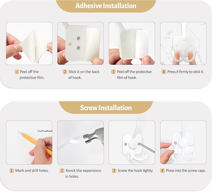 VIS'V 3 Prong Coat Hooks Wall Mount, Metal Self Adhesive Entryway Wall Hooks, 2 Mount Options, White, 4 Pcs