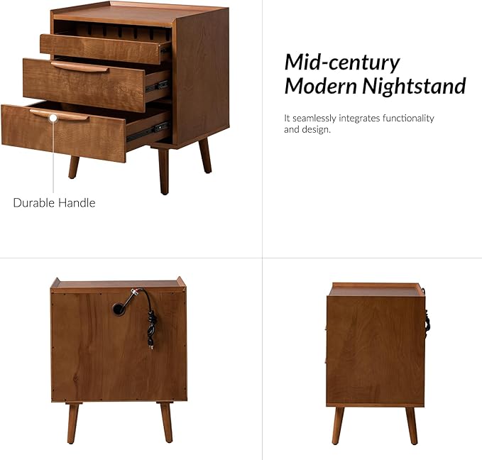 HULALA HOME Nightstand with Charging Station, Mid-Century Modern 2 Drawer and Open Shelf Bedside Tables, Wood Night Stand with USB Ports and Outlets for Bedroom Set of 2, Acorn