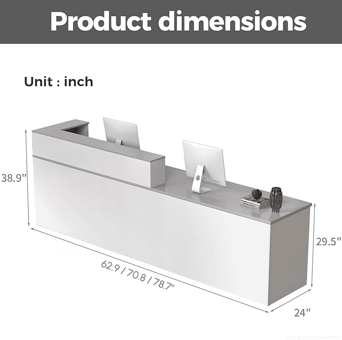 L Shape Reception Desk with Counter, Lockable Drawer, Keyboard Tray, and Double-Layer Storage for Salon, Office, or Clinic (White+Gray/Right, 71" L*24" W*39" H)