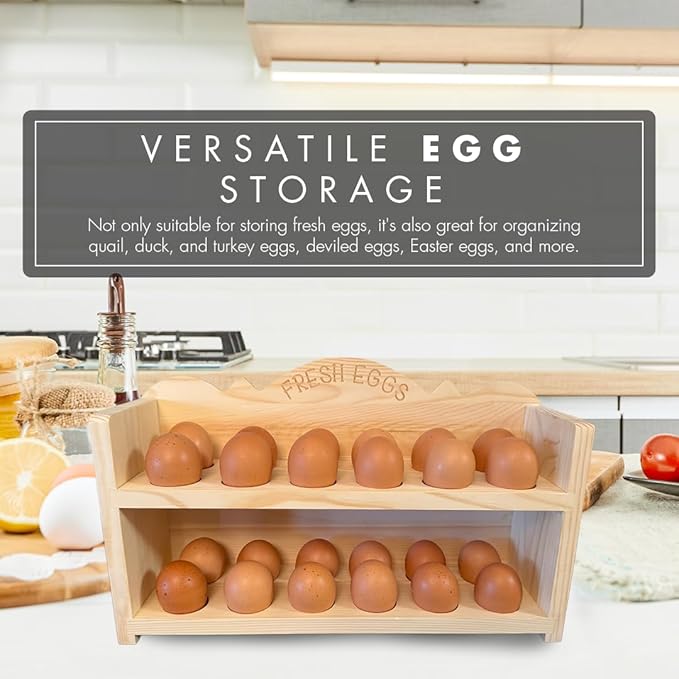 Natural Wood Premium Pine Wooden Egg Holder 2-Tier Durable 24-Egg Storage Solution Ideal for Modern and Rustic Kitchen Fresh Eggs