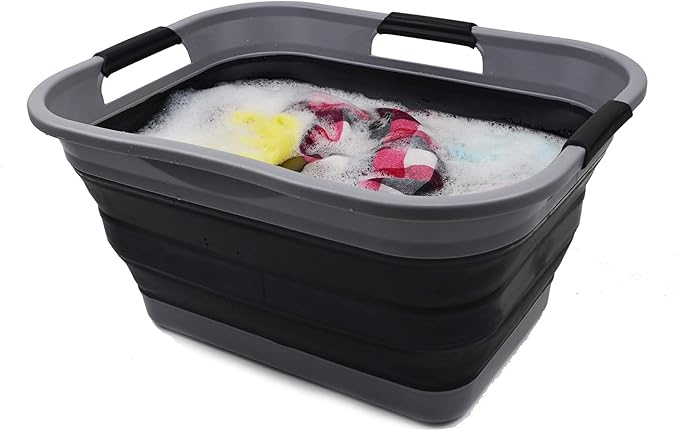 SAMMART 30L (8 Gallon) Collapsible Plastic Laundry Basket - Foldable Pop Up Storage Container/Organizer - Portable Washing Tub - Space Saving Basket - Water Capacity 24L(6.3 Gallon) (1, Grey/Black)