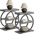 LITTLE TREE End Table Set 2, Side Table with 3 Tiers Shelves, Slim Sofa Side Table for Living Room, Tall Bedside Table Nightstand for Bedroom, Grey and Black