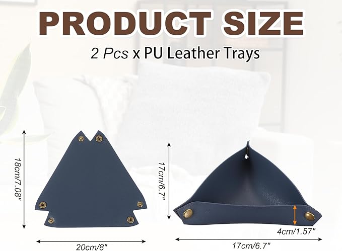 uxcell 2 Pcs Valet Tray for Women and Men, PU Leather Jewelry Tray Entryway Table Bedside Nightstand Catchall Storage Organizer for Jewelry Key Coin Watch Wallet (Triangle, Dark Blue)