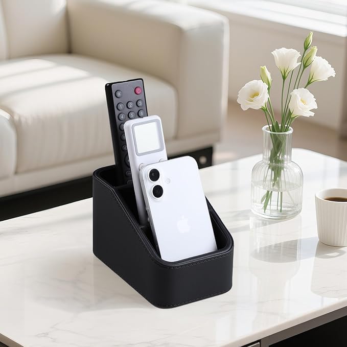 PU Leather Remote Control Holder, Small Desk Organizer Office Supply Bedside Caddy for Nightstand End Table Couch, Pen Remote Organizer with 3 Compartments (Black)