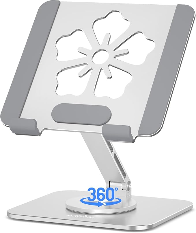 Tablet Stand for iPad, 360° Rotating Aluminum Foldable Holder – Adjustable Desk Stand | Fits iPad Pro 12.9/11,Samsung Galaxy Tab – Portable for Home, Office & Travel,Silver