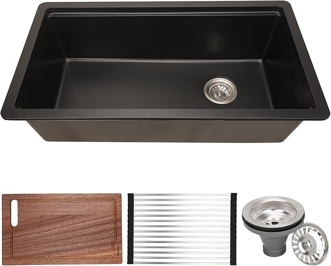 33 Inch Granite Undermount Kitchen Sink, TECASA Utility Composite Single Bowl Kitchen Sink with Workstation and Accessories, Black (33 × 18 Inch)