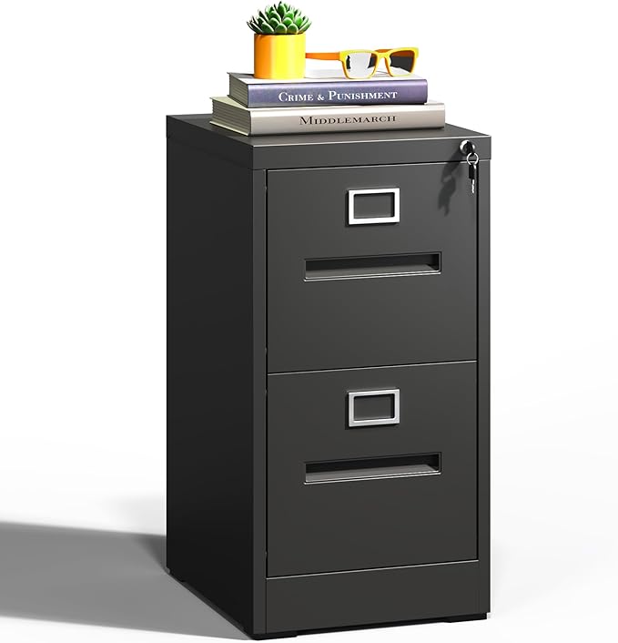 2 Drawer File Cabinets with Lock, Black Vertical Filing Cabinet for Home Office, Heavy Duty Metal Storage Cabinets Office Steel Cabinet for Letter Legal Size Files, Assembly Required