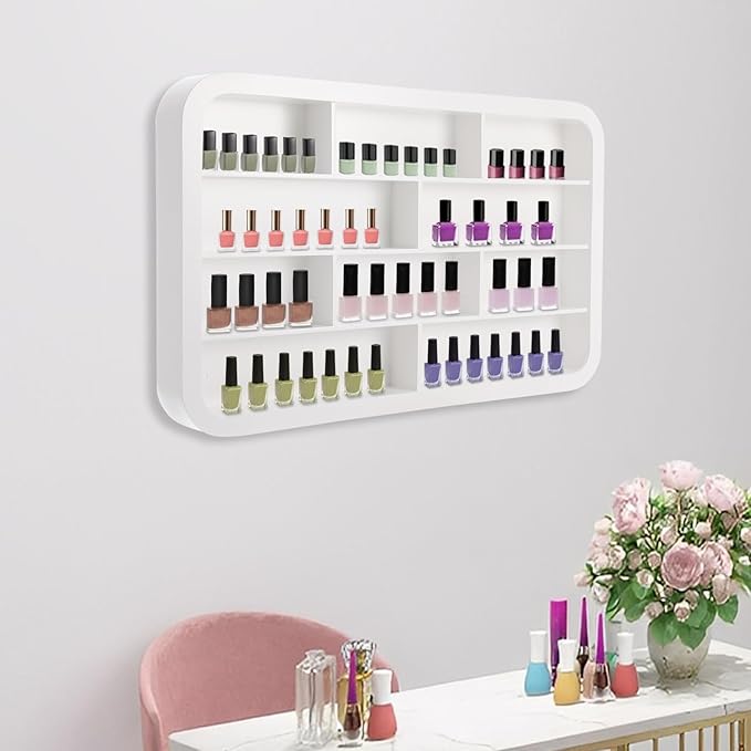 Hanging Nail Polish Display Rack, 4-Tier Wall Mount Nail Polish Organizer with 10 Compartment, Display Stand Shelf for Small Cosmetics (White)