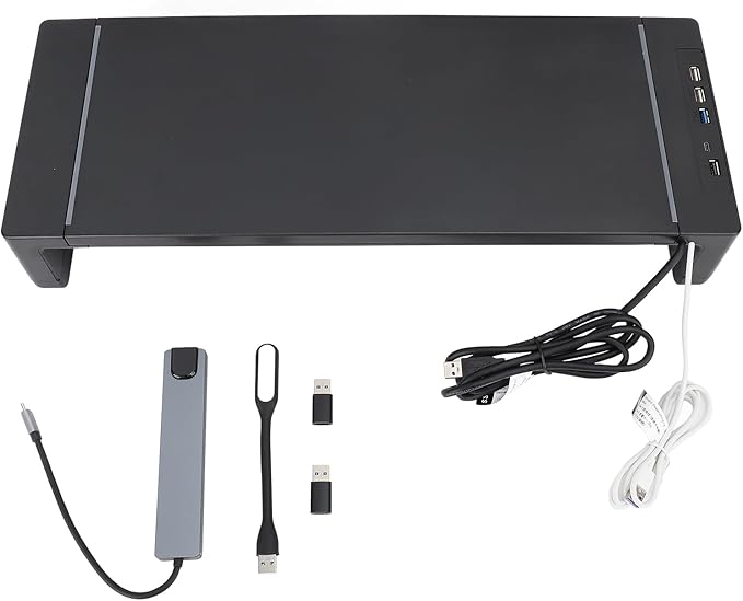 Monitor Stand Riser with 8 in 1 Docking Station Phone Holder Drawer 25KG Bearing Ergonomic Desktop Computer Storage Shelf for Home Office Workstation ABS Aluminum Alloy Black