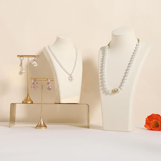GemeShou Beige necklace storage organizer for sale, Velvet necklace holder stand, jewelry bust display stands, Jewelry Mannequin for Countertop, Showcase【Beige-Medium height 10.43 inch】