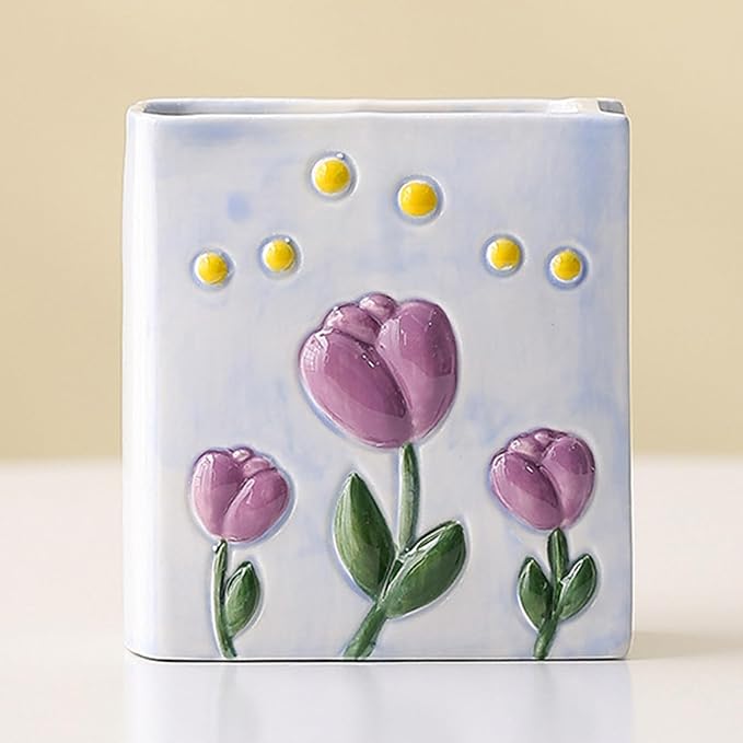 Book Vase Tulip Pencil Cup Pen Holder For Office Desk Decorative Books Purple Flower Vase Cute Toothbrush Holders Home Decor Teacher Book Gifts for Women Small Makeup Brushes Holder