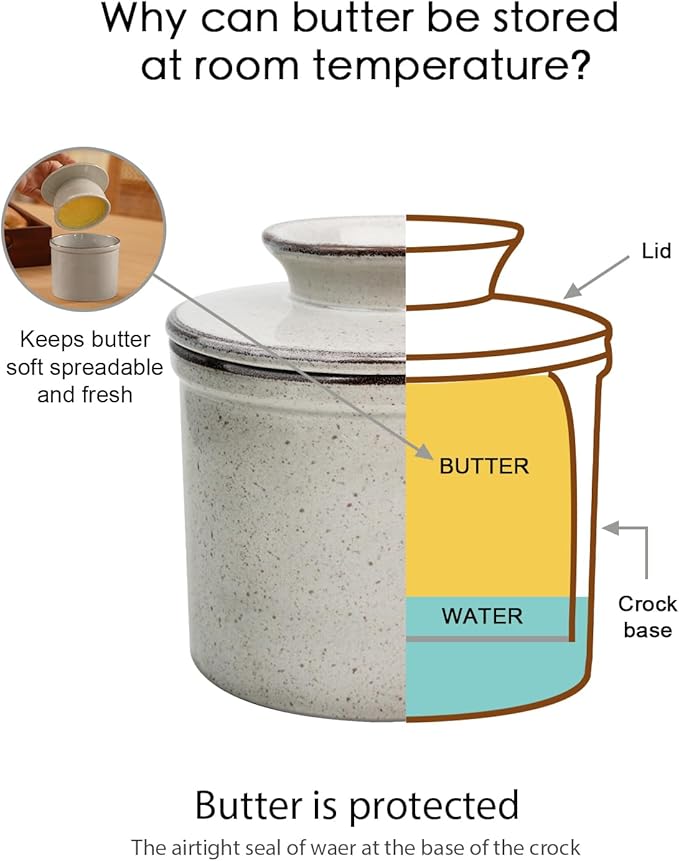 French Butter Dish, Butter Crock for Counter with Water Line, Ceramic Butter Keeper for Spreadable Butter - Chrismas Gift Home Kitchen Decor - Reactive Glaze Collection - Grey