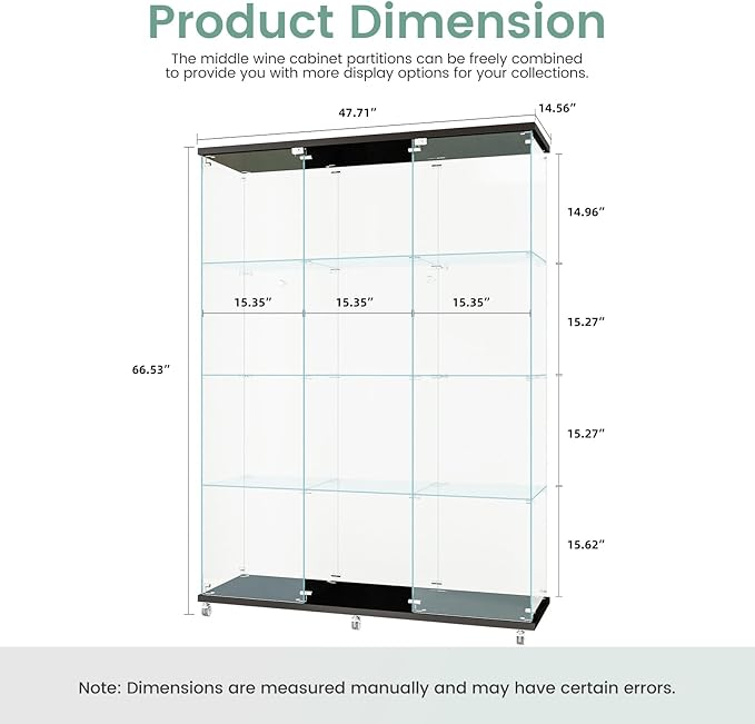 Beauty4U Glass Display Cabinet with 12 Shelves, Extra Large 3 Columns 2 Doors Curio Cabinets for Living Room, Bedroom, Office, Black Floor Standing DIY Glass Bookshelf, Quick Installation