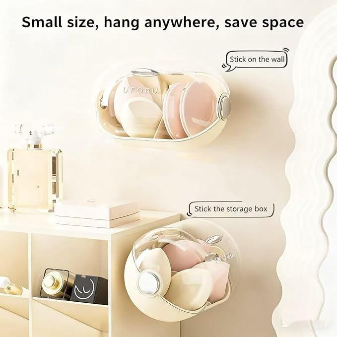 Makeup Sponge Storage Case Wall-Mounted No-Drill Makeup Sponge Holder 2-Tier With Cute Big-Eye Stickers (Cream White,1-Piece Set)