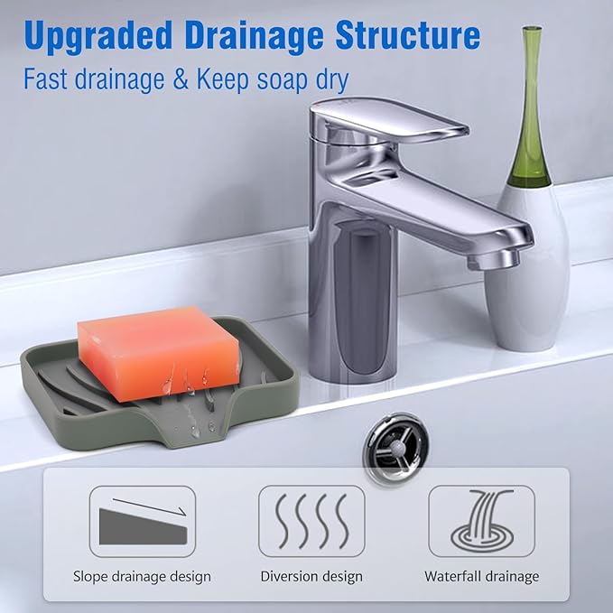 3-Pack Silicone Soap Dish Set – Bar Soap Holder with Self-Draining Design, Easy-Clean Tray for Shower, Bathroom, Kitchen, and Tub (Gray)