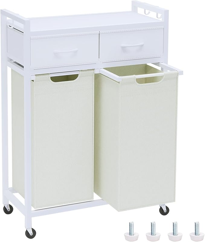 Laundry Hamper, Laundry Sorter 2 Section, Rolling Laundry Basket with Wheels, 2 Drawers, 2 × 14.5 Gal (55 L), Pull-Out and Removable Oxford Fabric Bags, White and Beige