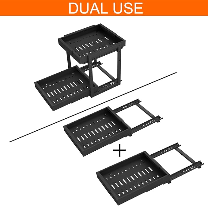 Golener 2-Tier Expandable Pull Out Cabinet Organizer - Pull-Out Drawers for Kitchen Cabinets, 2 Slide Home Storage Organizers, Slide Out Shelves for Base Cabinet Organization in Kitchen, Black Metal
