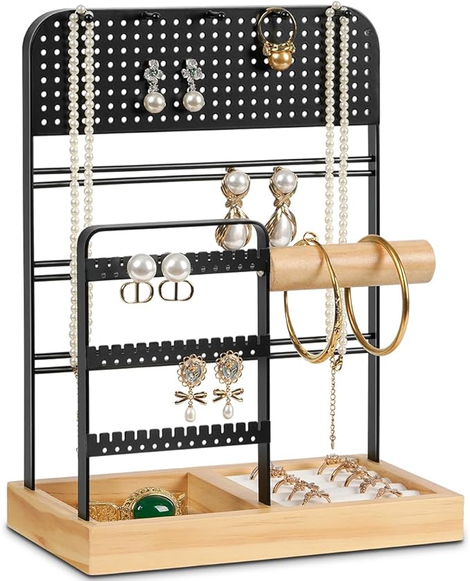 QILICHZ 5-Tier Jewelry Holder,Jewelry Organizer Stand with Tray,Wood Earring Holder Organizer,Jewellery Display for Vendors for Stud,Earring, Necklace,Bracelet, Rings,Room Decor, Black
