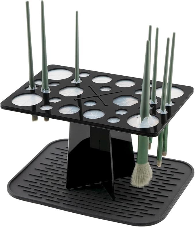 Makeup Brushes Drying Rack with Mat, 28 Holes Acrylic Brush Holder Stand Tree Tray, Folding Makeup Brush Holder (Black)