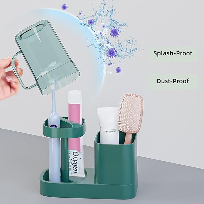 Toothbrush Holder with Cup/Cover Contains 2 Slots, Bathroom Counter Organizer for Electric Toothbrush, Toothpaste, Razors & Small Comb, Tooth Paste Holder for Home Hotel Countertop, Green