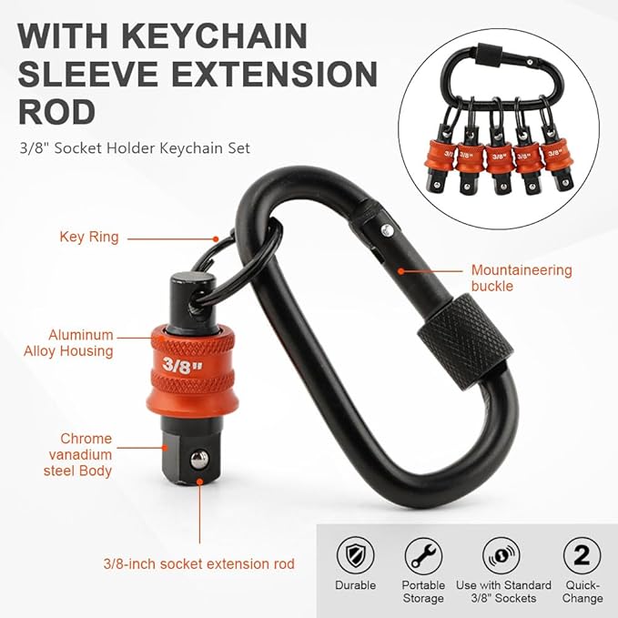 5Pcs Socket Holder Key Chain, 3/8" Drive Socket Organizer Keychain Quick Release Design with Carabiner, Impact Wrench Accessories for Lineman, Electricians, Construction Crews(SIZE:3/8 Inch)