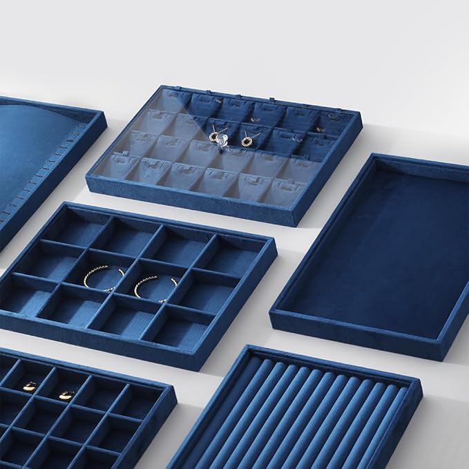 Velvet Stackable Jewelry Display Flat Tray For Ring Earring Necklace Bracelet, Bangle Pendant Storage Blank Plate, Shop Countertop Jewelry Dish Organizer (Blue)
