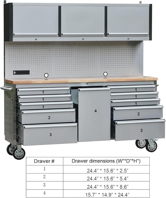 2 Pack - 72" Stainless Steel Rolling Tool Chest with 11 Drawers + 3 Upper Cabinets, Large Lockable Storage Cabinet, Mobile Workbench with Wheels for Garage Workshop (2 × HTC7214W1)