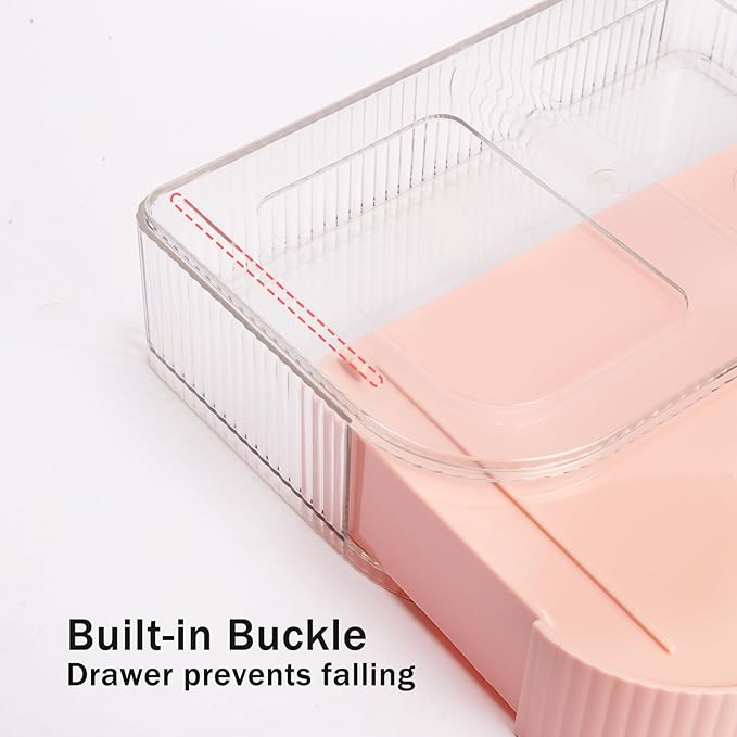 360° Rotating Makeup Organizer with Drawer, Clear Acrylic Cosmetic Storage Display, Stackable Beauty Counter (Pink, Large (Tray + 1 Drawer))