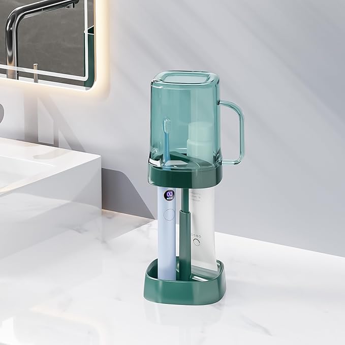 Toothbrush Holder with Cover/Cup, Bathroom Counter Organizer for Regular and Electric Toothbrushes and Toothpaste, Sleek Modern Bathroom Accessories, Green