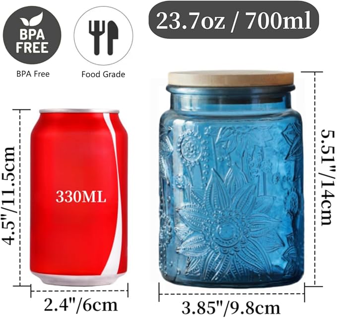 ANSQU Set of 2 Vintage Glass Canister, 23.7oz Candy Jars with Lids, Vintage Colored Mason Jar for Kitchen Decorative Jars for Coffee Tea Cookies, Cute Jar (Blue & Green)