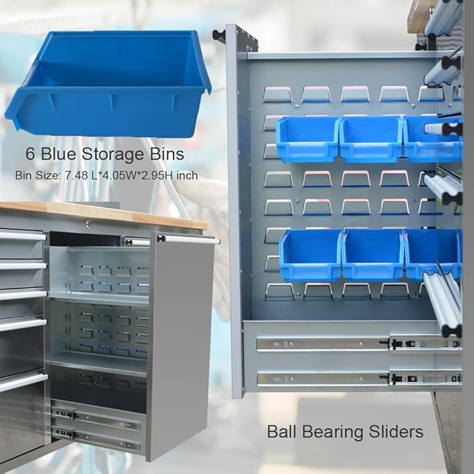 72 inch 11 Drawers Tool Chest with 3 Up Cabinet & Pegboard in Stainless Steel, Large Lockable Mobile Workbench with 6 Blue Storage Bins, Tool Box for Garage, Workshop (1 × HTC7214W1)