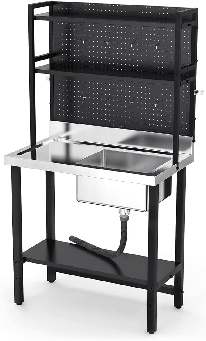 VINGLI 67'' Commercial Sink with Drainboard and Adjustable Shelves Pegboard for Hanging Tools, 304 Stainless Steel Table Freestanding Utility Counter Restaurant, Garage Silver & Black 1