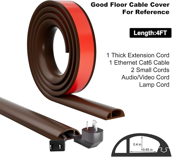 4FT Side-Open Extension Cord Covers for Wires on Floor,Silicone Power Cable Protector Cord Hider Management Strip,Hide Electric Wire on Carpet,Chord Runner Protective Safety Wiremold,Brown