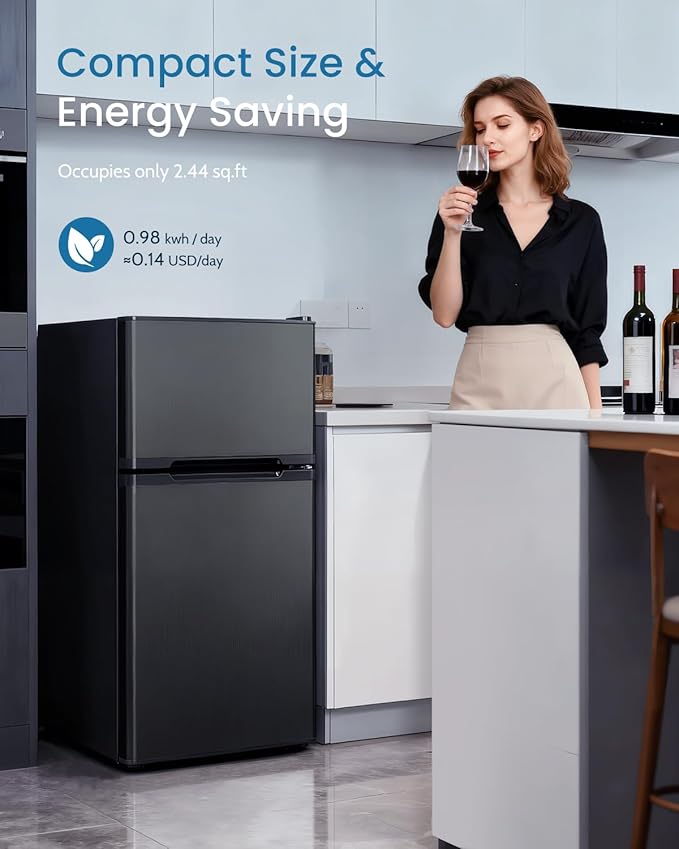 3.2 Cu.Ft Mini Fridge with Freezer - 2 Door Small Refrigerator, Mini Refrigerator with Adjustable Thermostat, Removable Shelves, Mini Fridge for Bedroom, Office, Dorm, Apartment, Black