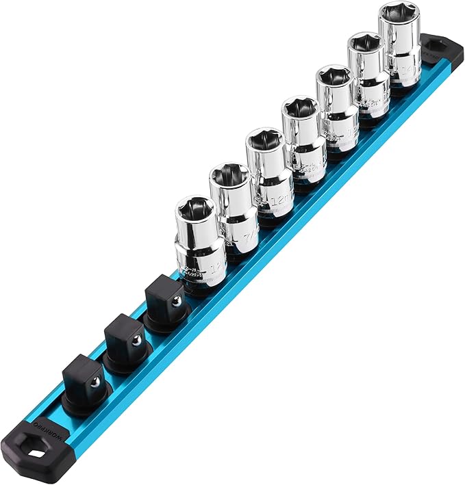 WORKPRO Magnetic Socket Organizer, 1/2-Inch Drive Aluminum Alloy Socket Rail, Heavy Duty Socket Holder, Socket Rack Kit 1/2-Inch x 10 Clips Sky Blue (Socket not Included)