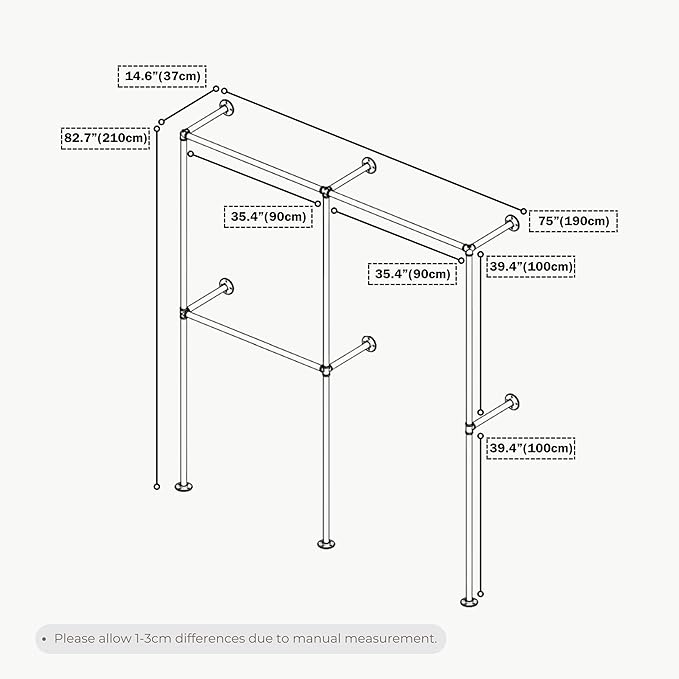 Industrial Pipe Clothing Rack, Heavy Duty Wall Mounted Clothes Rack,Retail Display Hanging Garment Rod for Laundry Rooms, Closet Storage, 14.6x75x82.7 Inches, Model K08 Gold
