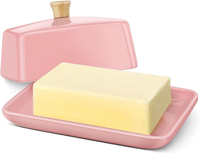 Flexzion Ceramic Pink European Butter Dish with Lid for Countertop (8 Inch) - Wide 2 Stick Double Butter Holder for Counter, Cream Cheese Container Storage Keeper