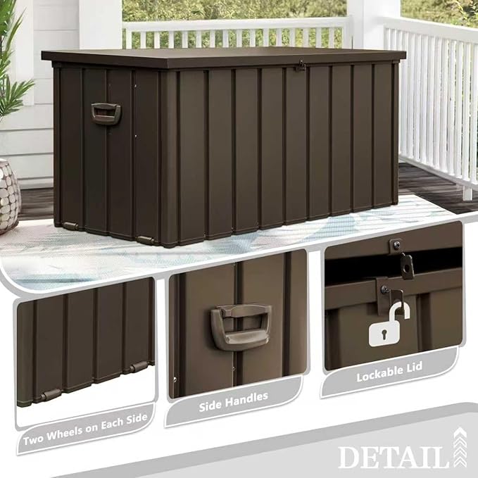 Domi 150 Gallon Metal Deck Box Waterproof, Outdoor Storage Box with Lock Wheels Side Handles Outside Storage Box for Patio Cushions, Shoes & Pool Tools