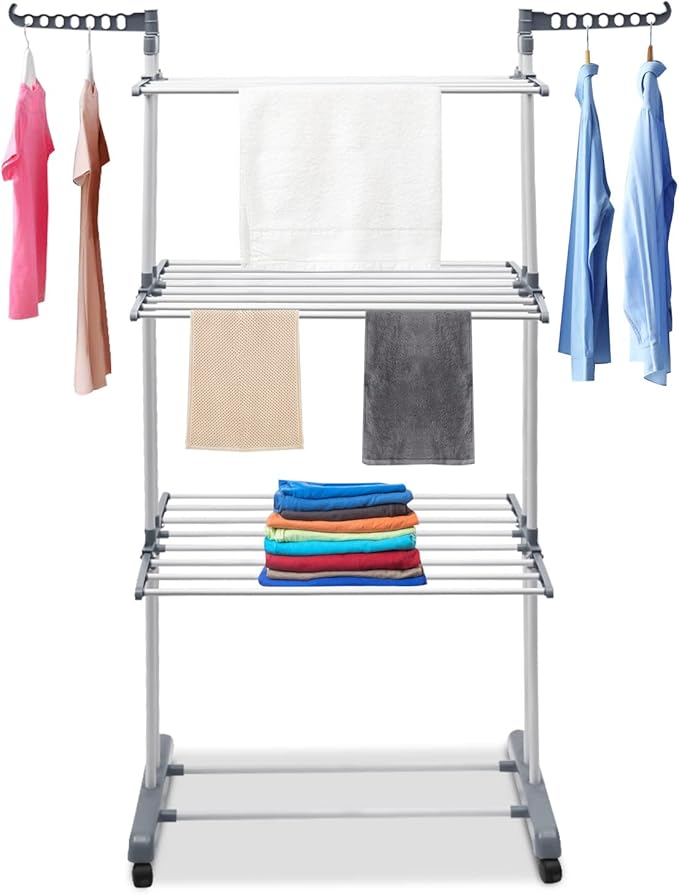 Drying Rack, 29.92*19.69*67.72inch 4 Tier Folding Clothes Drying Rack Rolling Laundry Garment Dryer Stand Multifunctional Stainless Steel Dryings Racks with Wheels for Bedrooms Lofts Balconies Patios