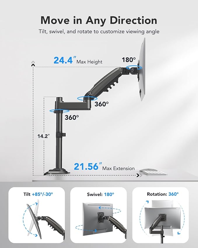 HUANUO Single Monitor Arm, Adjustable Desk Mount for 13-34 inch Screens, Holds 19.8lb, 22.44 inch Max Height, Full Motion Swivel Monitor Stand with VESA 75x75mm and 100x100mm Compatibility